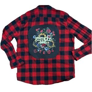 Red Plaid Upcycled Fleetwood Mac Upcycled Flannel Button Up Shirt Size XL Unisex
